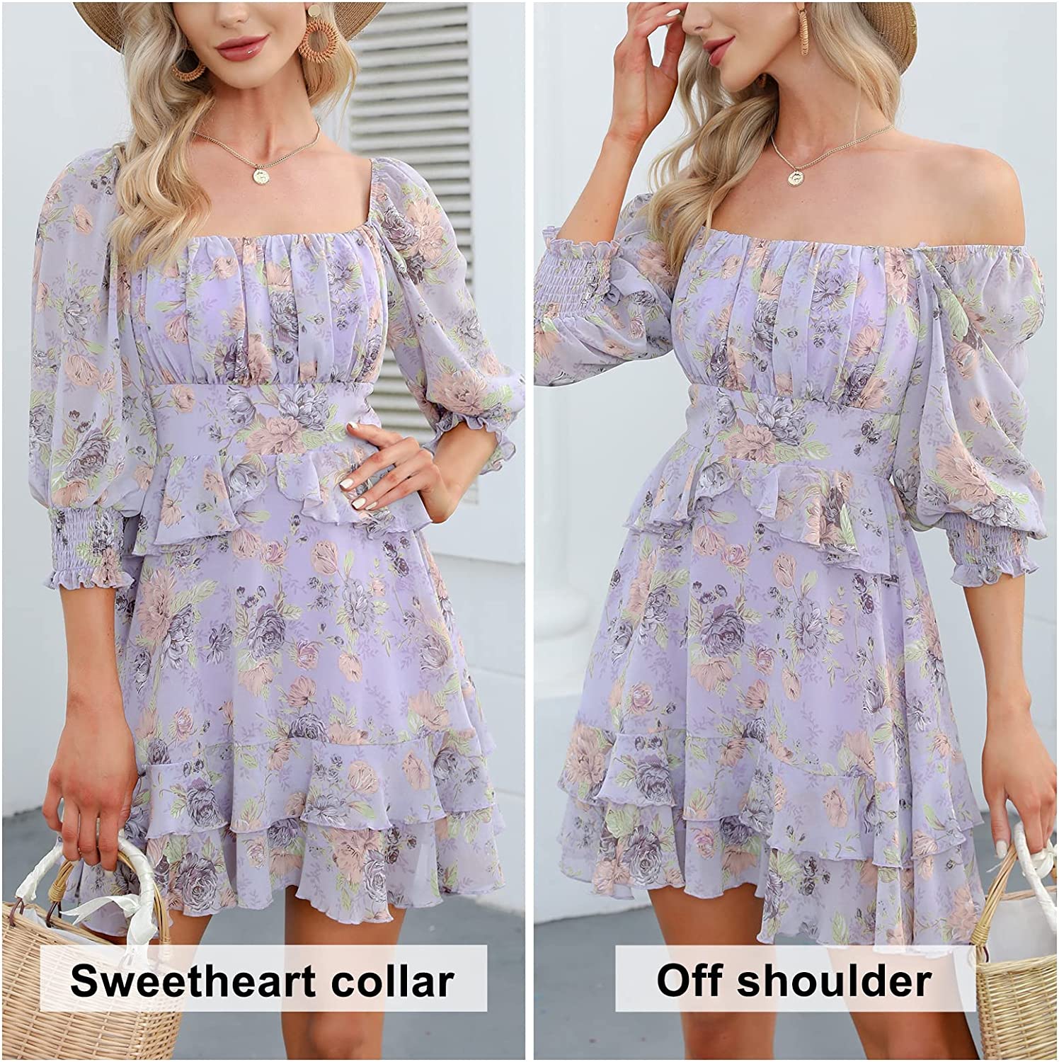 EXLURA Womens Floral Ruffle Summer Dress Sundress Tiered Square Neck Long Sleeve Off Shoulder Smocked Skater Mini Dress - Image 4